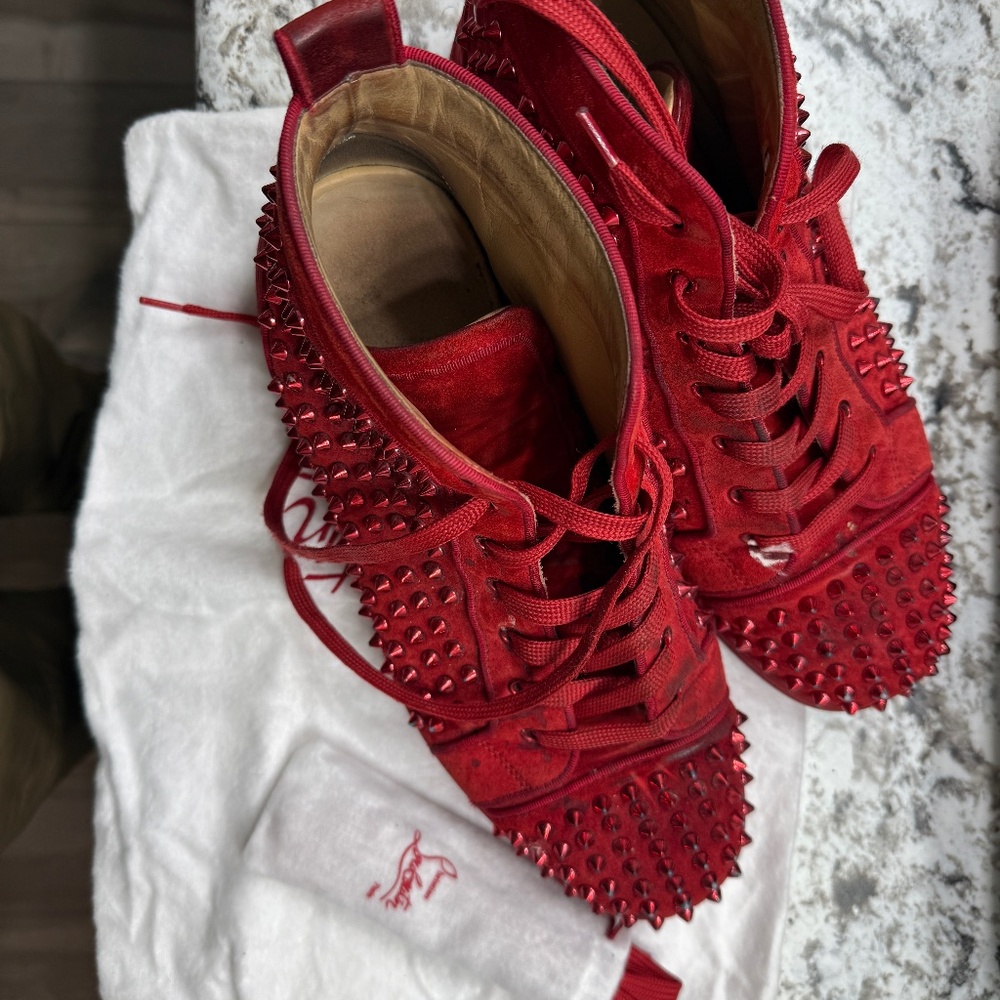 Christian Louboutin Louis Flat Poppy Red Suede -Metallic Spike